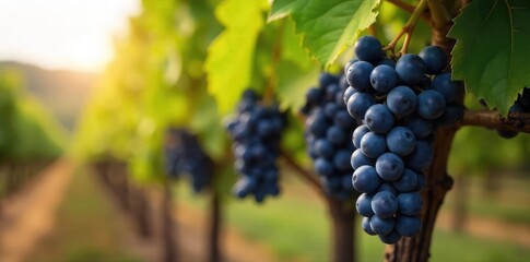 Fototapeta premium Close-up of dark purple grapes hanging on the vine, ready for harvest at a winery Sun-drenched vineyard, ripe fruit, autumn harvest, winemaking , grapes on vine, growth