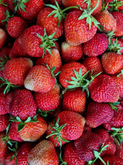 Strawberries background. Fresh strawberries close up. Top view. Close-up, selective focus.