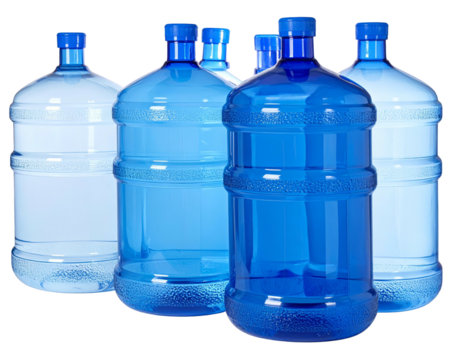 Several large, reusable water containers, varying shades of blue, stand in a group