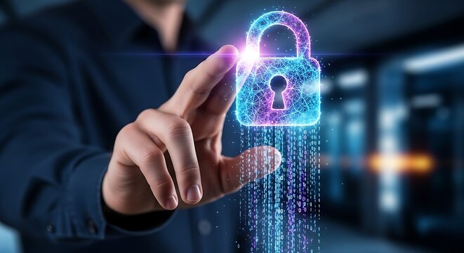 A businessman touches a digital padlock icon, representing cybersecurity, data protection, and privacy in the digital age with advanced encryption technology