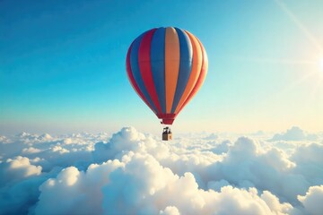 Obraz premium A whimsical hot air balloon floats serenely against a vibrant blue sky, casting a long shadow on fluffy clouds below Perfect for travel, adventure, and freedom themes , panorama, sunny
