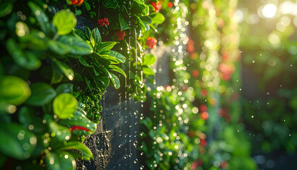 Floral Cascade of Nature's Beauty: Captured by the camera, a lush wall of green foliage and vibrant red flowers, with droplets of fresh water cascade down, illuminated by the radiant morning sunlight.