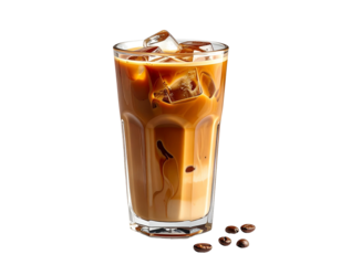 Tall iced coffee drink with ice cubes and coffee beans against a black background