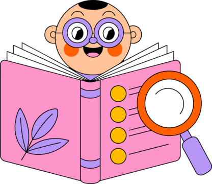 Adorable cartoon student happily reading a book with magnifying glass for education and learning concepts