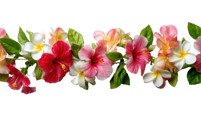 Colorful floral lei made of hibiscus and frangipani flowers arranged in circular garland showing tropical celebration and Hawaiian tradition isolated on white background
