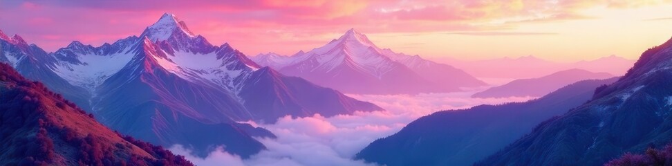 Fototapeta premium Majestic snow capped mountains at sunrise with vibrant pink and purple sky above a sea of clouds