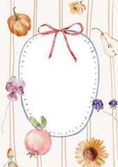 Watercolor Template Frame with stripes background, flowers, pumpkins and dahlia.  Cozy autumn design. Whimsical vintage element in cottagecore style for invitation, social media and posters.