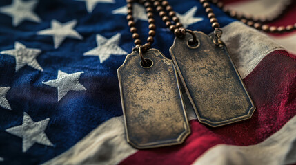 Symbolic dog tags rest on American flag, honoring service, sacrifice, and patriotism with a deep, emotional connection.