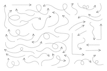 Hand Drawn Dotted Arrow Set Curved, Wavy, Swirl, and Loop Direction Sketch Collection