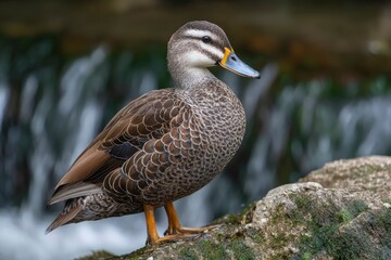 Fototapeta premium A beautiful wild duck stands gracefully in profile on a moss-covered rock, captured in a detailed close-up shot. Its intricate brown and white patterned plumage, striking eye, and distinctive beak wit