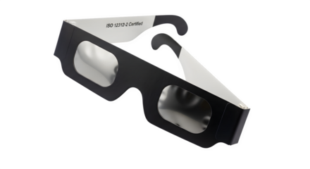 Paper glasses for viewing a solar eclipse isolated on transparent background, featuring a black and white design, and protective lenses for safe viewing