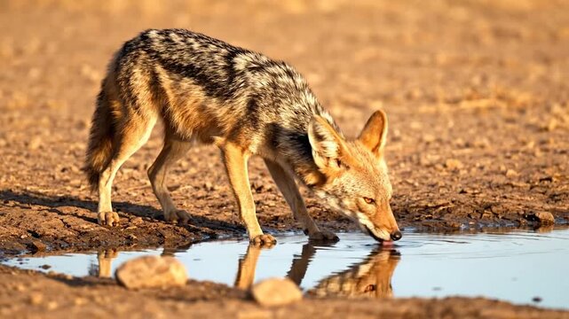 Black-backed jackal drinking water from a small puddle in the arid landscape.