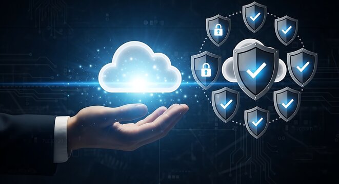A hand holding a cloud with security shields around it, representing cloud security, data protection, and cybersecurity in the digital age, ensuring privacy
