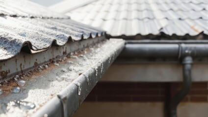 Dirty and clogged gutter on a house roof, showing accumulated leaves and debris, indicating a need for cleaning and maintenance.
