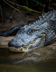 Close-up of a large reptile, near water. Its textured skin and eye are clearly visible
