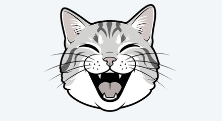 Smiling cartoon cat face with open mouth and visible teeth, gray fur with stripes.