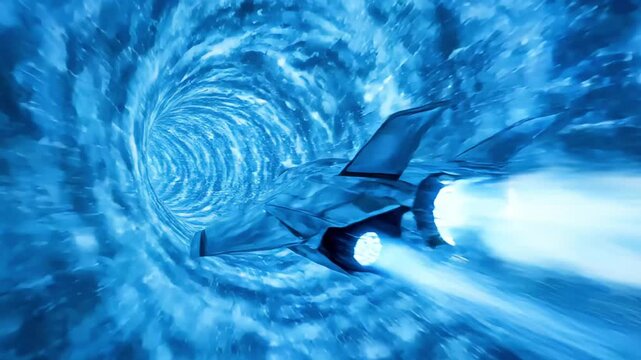 The starship enters a shining space tunnel and accelerates