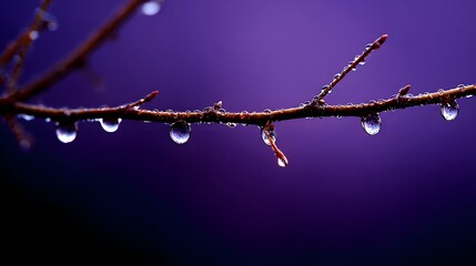 Tiny droplets of water cling to a bare branch against a vibrant purple background.