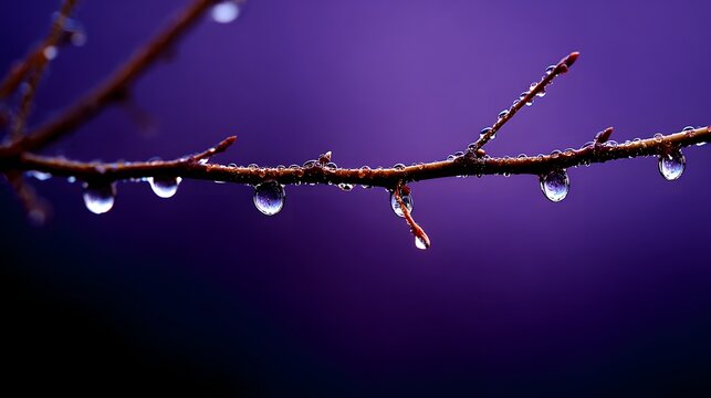 Tiny droplets of water cling to a bare branch against a vibrant purple background.