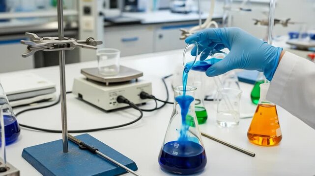 A scientist in a lab pours blue liquid into a flask, surrounded by beakers and equipment