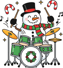 cute christmas snowman playing drums, festive holiday music cartoon illustration, winter celebration art, joyful seasonal character with candy canes and drum set