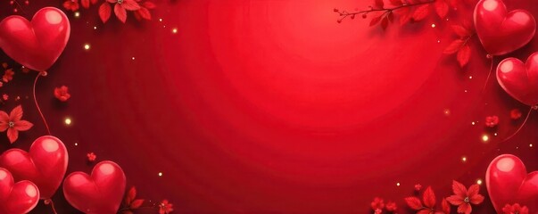 Red heart shaped balloons and floral elements on a blurred deep red background with bokeh lights