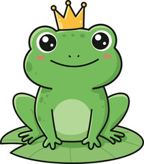 cute frog prince cartoon illustration, smiling green frog with crown, fairytale animal character, adorable amphibian design for kids and decor