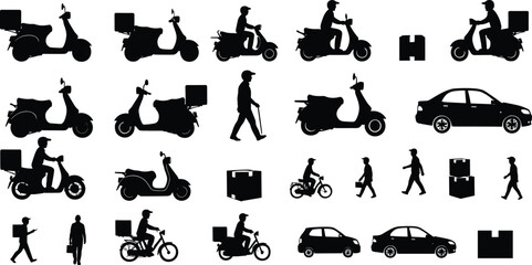 delivery rider silhouette, courier scooter, food delivery man, walking worker, package box, motorcycle courier, transport service, logistics, urban delivery, express shipping