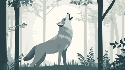 Gray wolf howls in the forest with bright moon background for nature print