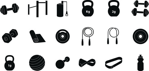 fitness equipment icon set, gym tools, dumbbell, kettlebell, jump rope, exercise mat, workout gear, training illustration, bodybuilding vector, health