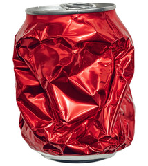 A crumpled, unbranded red soda can, isolated background.