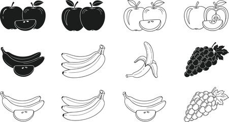 fruit icon set, apple banana grape illustration, fresh fruit outline and silhouette, healthy food vector, organic fruit collection design
