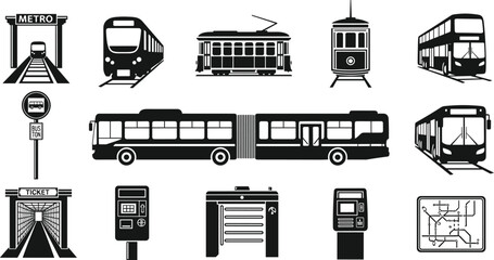 public transport icon set, metro bus tram illustration, city transportation design, urban travel symbol, subway ticket map vector collection