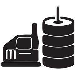Black and white illustration of a walkietalkie and a stack of tires, isolated on white background, representing communication and transportation