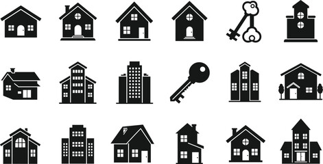real estate icon set, house, building, apartment, home key, property, architecture, construction, residential vector, realty, urban living