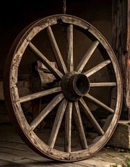 Obraz premium Close-up shot of an antique wooden wheel, aged, set outdoors