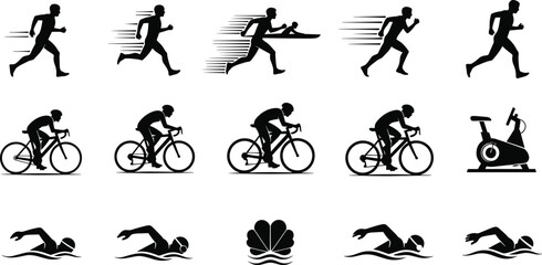 running, cycling, swimming, fitness, triathlon training icon set, exercise, athlete, sports, endurance workout, active lifestyle, gym, competition