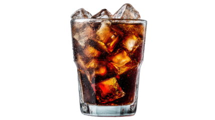 Refreshing glass of cola filled with ice cubes and fizzy bubbles showing cold beverage freshness and thirst quenching drink isolated on white background
