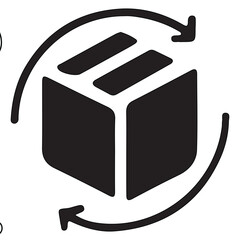 Illustration of a cube with arrows rotating around it, isolated on white background, symbolizing product rotation or delivery