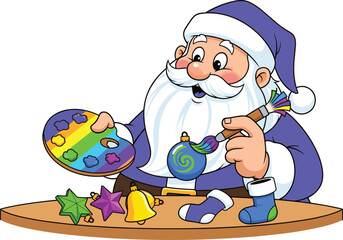 Santa Claus painting Christmas ornaments, creative festive illustration, colorful holiday art scene with cheerful Santa decorating gifts for Christmas celebration