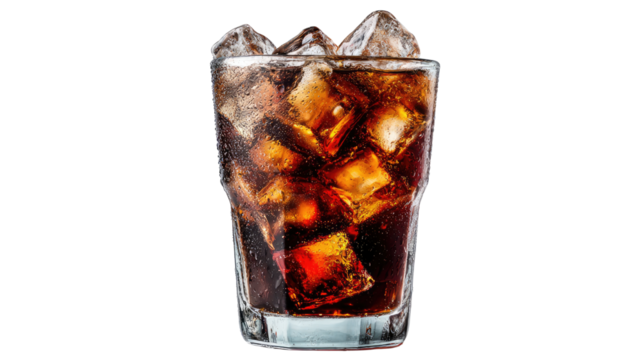Refreshing glass of cola filled with ice cubes and fizzy bubbles showing cold beverage freshness and thirst quenching drink isolated on white background
