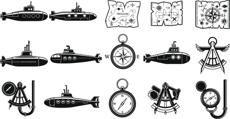 submarine, compass, nautical map, marine navigation tools, underwater exploration icons, sea adventure elements, navy design vector, vintage maritime illustration