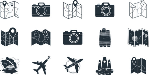 travel icons set with map, location pin, camera, airplane, luggage, vacation symbols, navigation and tourism vector illustration design
