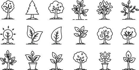 tree icon set, plant outline collection, nature symbol design, eco-friendly tree illustration, leaf and growth line art vector, botanical icon