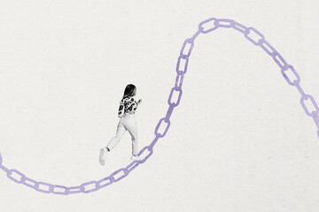 Banner 3d art pop image collage of happy businesswoman businessman stand rope chain development aim achievement progress