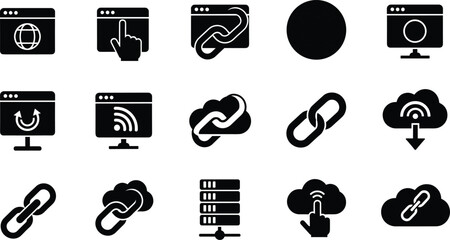 web link icon set, internet, cloud connection, hyperlink, online network, website, data transfer, browser, digital technology, communication, SEO vector