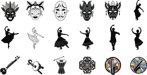 traditional cultural dance and music icon set, ethnic mask design, folk art, musical instruments, heritage illustration, festival celebration vector