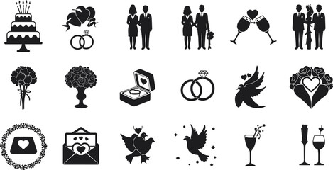 wedding icon set, love symbols, marriage celebration, engagement rings, wedding cake, romantic couple, heart design, flowers, doves, invitation card