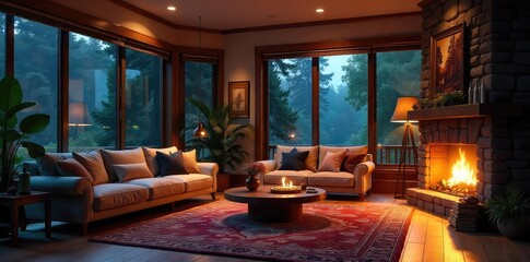 Cozy living room with fireplace, large windows, and comfortable furniture, perfect for a relaxing evening at home , design, comfort