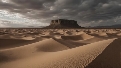 Dramatic Desert Landscape with Sand Dunes and Distant Mesa Under Stormy Sky.